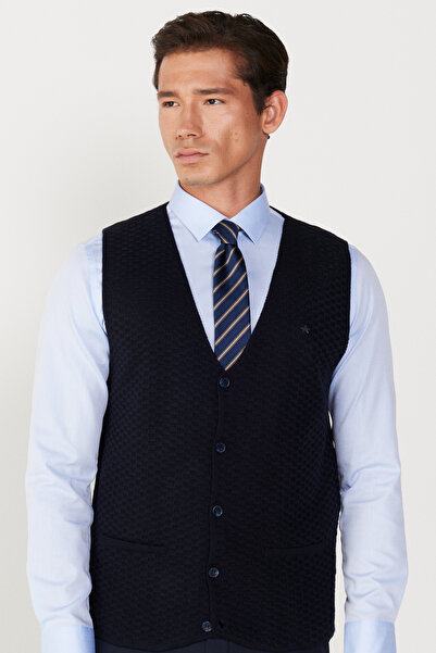 ALTINYILDIZ CLASSICS Erkek Lacivert Standart Fit Normal Kesim V Yaka Triko Yelek