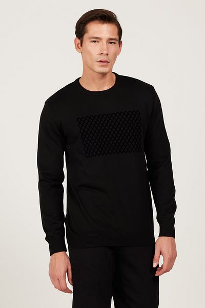 ALTINYILDIZ CLASSICS Pulover tricotat pentru bărbați cu imprimeu negru cu decolteu - Potrivire standard anti-pilling