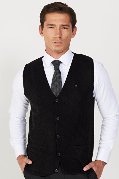 ALTINYILDIZ CLASSICS Μαύρο ανδρικό πλεκτό γιλέκο με λαιμόκοψη V - Standard Fit