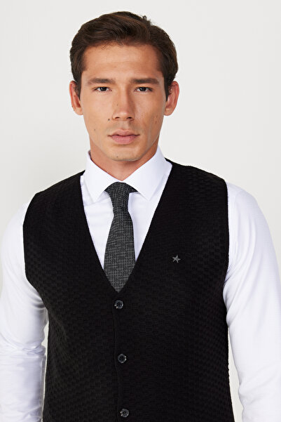 ALTINYILDIZ CLASSICS Μαύρο ανδρικό πλεκτό γιλέκο με λαιμόκοψη V - Standard Fit