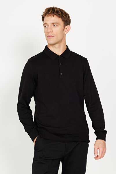 ALTINYILDIZ CLASSICS Tricotaj din bumbac cu gât polo negru Pulover pentru bărbați - Potrivire standard