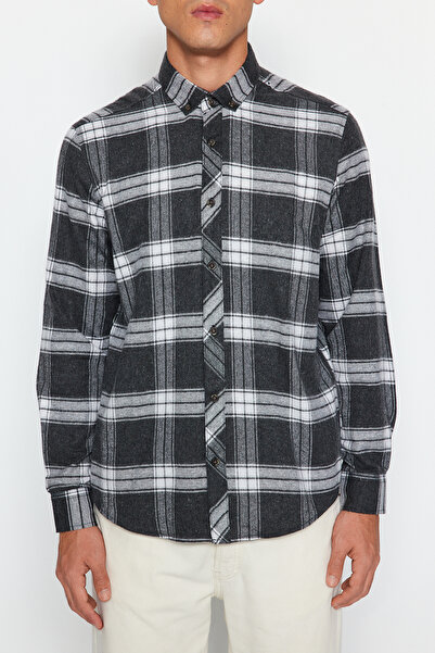 Trendyol Collection Zimní dřevorubecká kostkovaná košile – antracitová, Slim Fit, límeček na knoflíky TMNAW21GO0611