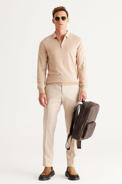 ALTINYILDIZ CLASSICS Ανδρικό πλεκτό πουλόβερ Beige Melange Polo Collar Cotton - Standard Fit