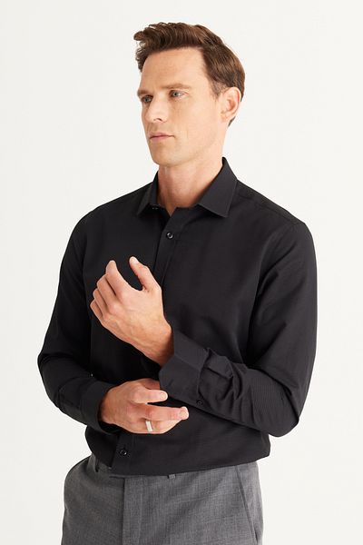 ALTINYILDIZ CLASSICS Μαύρο Slim Fit Βαμβακερό Ανδρικό Πουκάμισο - Dobby