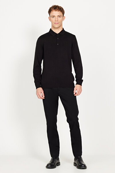 ALTINYILDIZ CLASSICS Tricotaj din bumbac cu gât polo negru Pulover pentru bărbați - Potrivire standard