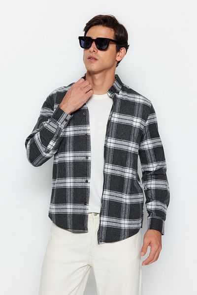 Trendyol Collection Winter Lumberjack Karohemd - Anthrazit, Slim Fit, geknöpfter Kragen TMNAW21GO0611