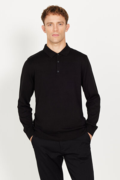 ALTINYILDIZ CLASSICS Tricotaj din bumbac cu gât polo negru Pulover pentru bărbați - Potrivire standard