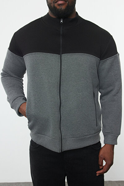 Trendyol Collection Plus Size Anthracite Color Block Zippered Sweatshirt - TMNAW25AO00031