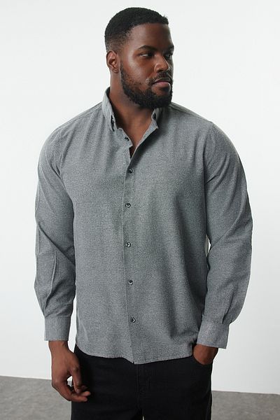Trendyol Collection Plus Size Gray Flannel Winter Shirt - Button Collar, Regular Fit TMNAW24AX00000