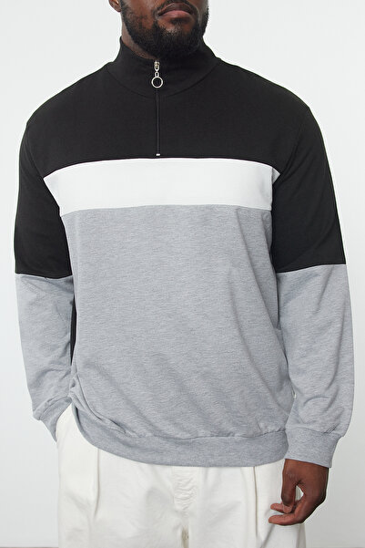 Trendyol Collection Grey Regular Fit Plus Size Sweatshirt - Long Sleeve, Prevailing Neck, Zip-Up Tmnaw25Ao00016