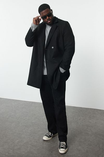 Trendyol Collection Plus Size Men's Black Double Breasted Coat - Regular Fit Tmnaw25Kb00008