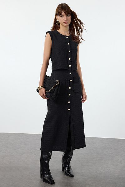 Trendyol Collection Tweed gewebtes Jackenkleid - Schwarz, Knopfdetail Twoaw25el00177