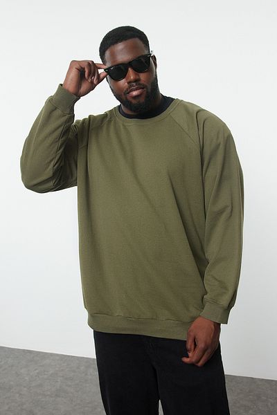 Trendyol Collection Khaki Plus Size Crew Neck Neck Oversize/Wide Cut Fleece Inside/ Teplá mikina Tmnaw24Ao00007
