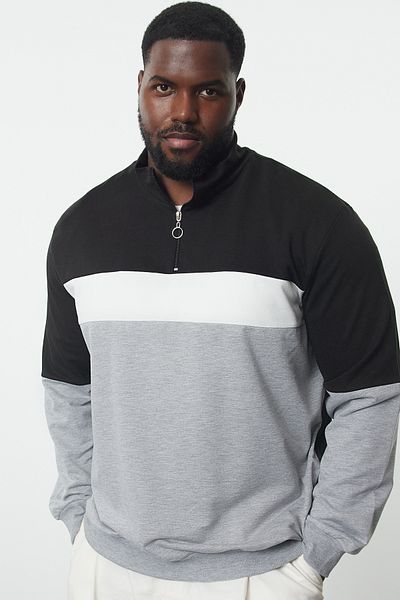 Trendyol Collection Szürke Regular Fit nagy méretű pulóver - hosszú ujjú, uralkodó gallérral, cipzárral TMNAW25AO00016