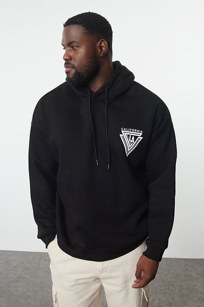 Trendyol Collection Black Plus Size Hooded Oversize/Wide Cut Fleece Embossed Printed Sweatshirt Tmnaw24Ao00026