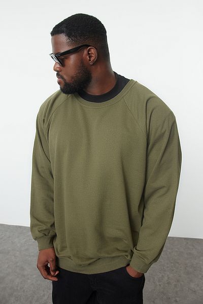 Trendyol Collection Khaki Plus Size Crew Neck Neck Oversize/Wide Cut Fleece Inside/ Teplá mikina Tmnaw24Ao00007