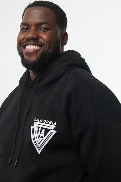 Trendyol Collection Black Plus Size Hooded Oversize/Wide Cut Fleece Embossed Printed Sweatshirt Tmnaw24Ao00026