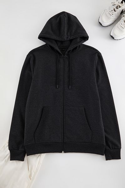 Trendyol Collection Anthrazit Melange Basic Kapuzenpullover mit Reißverschluss – Regular Fit TMNAW25SW00114