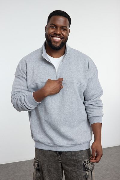 Trendyol Collection Φούτερ με φερμουάρ Grey Melange Oversize Plus Size - TMNAW25AO00028