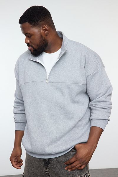 Trendyol Collection Φούτερ με φερμουάρ Grey Melange Oversize Plus Size - TMNAW25AO00028