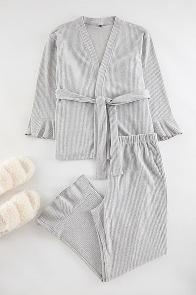Trendyol Curve Corded Gray Knitted Pajama Set - Soft Belted TBBAW25AI00045