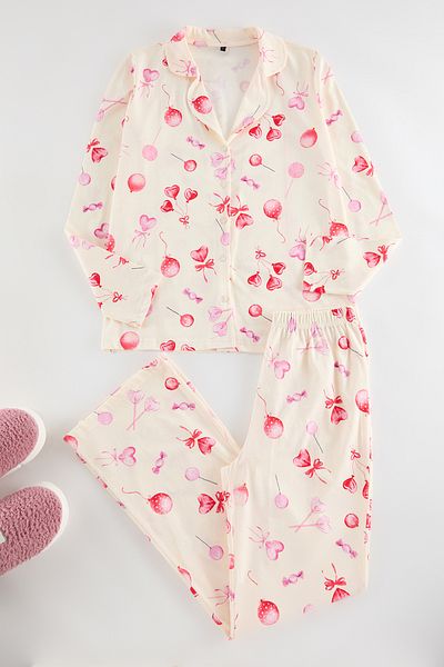Trendyol Collection Herz-Ecru-Strick-Pyjama-Set – 100 % Baumwolle THMAW25PT00141