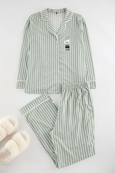 Trendyol Curve mint Striped Shirt Collar Pajama Set - PipinG TBBAW25AI00052