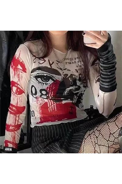 Köstebek Long Sleeve Ecru Grunge Crop Top - Marginaly Printed
