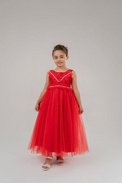 Mertoğlu Girl's Red Floral Patterned Mertoglu Evening Dress