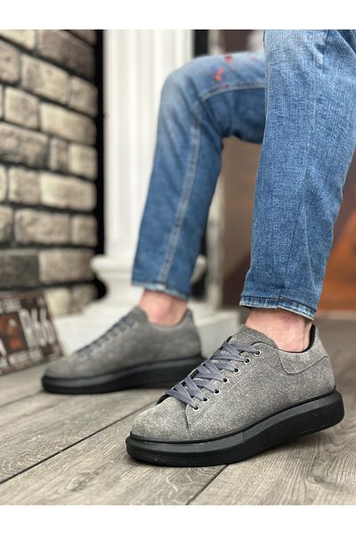 BOA BOA BA0547 - Gray Black Suede, Thick High-Sole Lace-Up Men's Sneakers