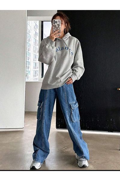AFROGİYİM Women's Oversize Gray Hooded Balance Printed Hoodie