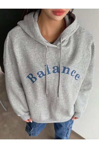 AFROGİYİM Women's Oversize Gray Hooded Balance Printed Hoodie
