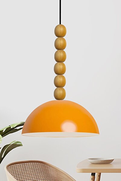 Bamyum Lipeo Sarı Ahşap Altı Boncuklu Avize Tekli Sarkıt Salon Mutfak Kuaför ...