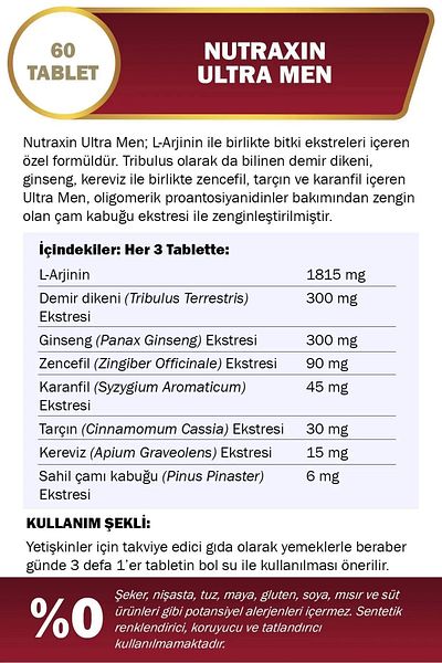 Nutraxin Ultra Men 60 Tablets - L-Arginine, Ginseng, Ginger, Iron Spur and Cinnamon Set of 3