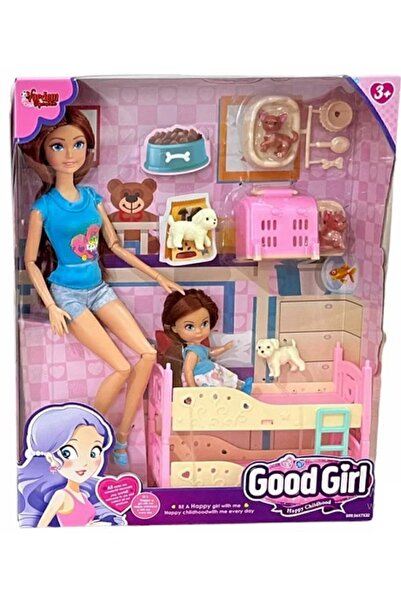 Hepsilazım Bebek Anne-Kız 29 cm-Aksesuarlı Ranzalı Yavru Köpekli El-Ayak Sonsuz Hareketli Et Bebeği