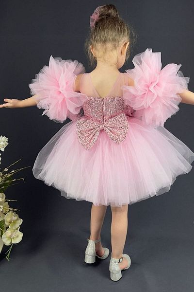 ABİYEKİDS Pink Sequined Sleeve Detailed Style Children's Evening Dress