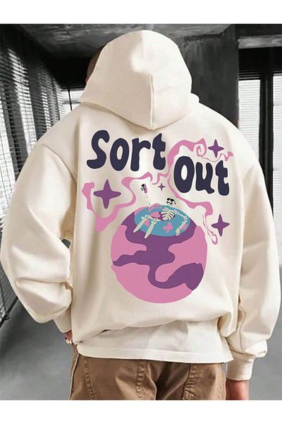 AFROGİYİM Unisex Sort Out Μπροστά πίσω πίσω με στάμπα Oversize Hoodie