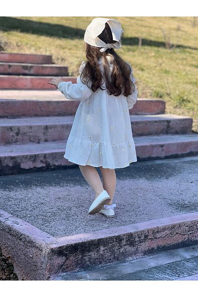 meqlife 2024 Organic Muslin Embroidered Bohemian Dress Daisy 1-10 Years Ecru