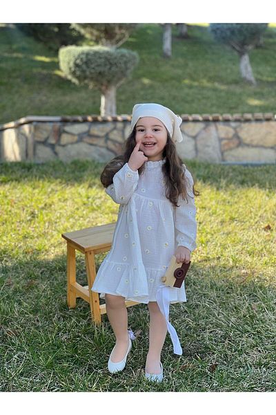 meqlife 2024 Organic Muslin Embroidered Bohemian Dress Daisy 1-10 Years Ecru