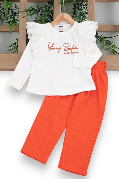 Ege Bebek 2-6 Years Old Girl Stylish Top and Bottom Set with Ruffle Detail and Trousers