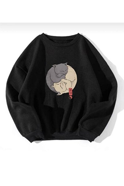 AFROGİYİM سويت شيرت كبير الحجم مطبوع عليه قطة Ying Yang للجنسين