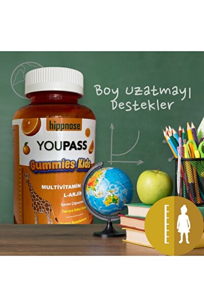 Hippnose Youpass Gummies Kids Çocuklar İçin Multivitamin ve L-Arjinin İçeren 60 Adet Çiğnene Bilir Takviye