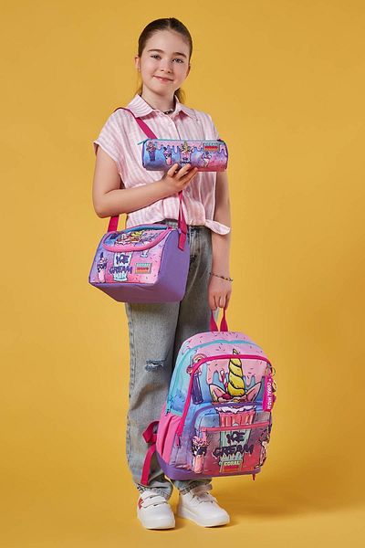 Coral High Geantă de școală din 3 piese cu model de milkshake și înghețată roz violet - SET 0123749