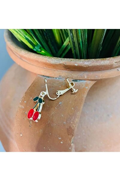 1PARÇAMAVİ Kirazlı kız çocuk küpesi - kıstırmalı deliksiz kulak küpesi