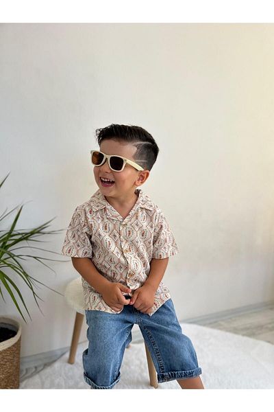Pollito Boy's Woven Ethnic Patterned Shirt Jeans Shorts 2-Piece Set