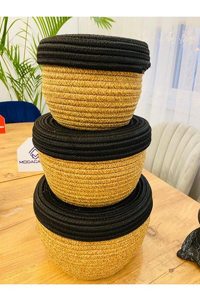 JÜTEX HOME 3-Piece Jute and Wicker Basket with Lid - Special Design, Multi-Purpose Organizer