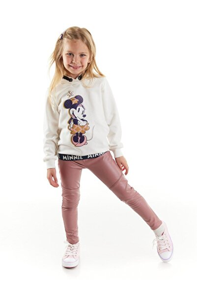 Minnie Mouse Minnie Lisanslı Kız Çocuk Kapüşonlu Sweatshirt Ve Deri Tayt 2'li Takım - Ekru