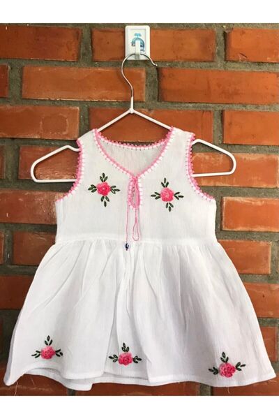 EFŞAN فستان بناتي مصنوع يدويًا من القماش المكسور باللون الكريمي