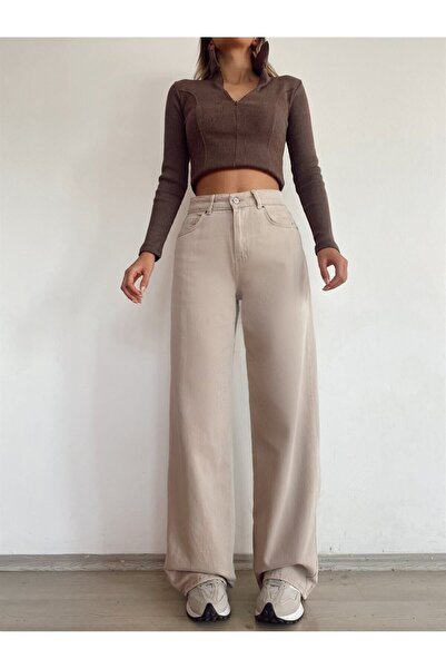 aideen Millenio Paris Shabby Lycra széles szárú extra magas derék Jean Palazzo farmer nadrág bézs