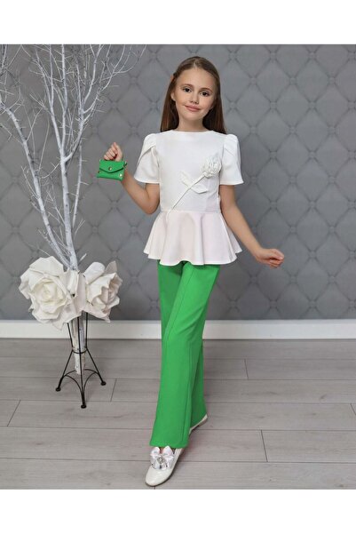 By Feyza Kids Collection Girl's Rose Accessory Blouse, Pants, Bow Buckle and Mini Handbag Set